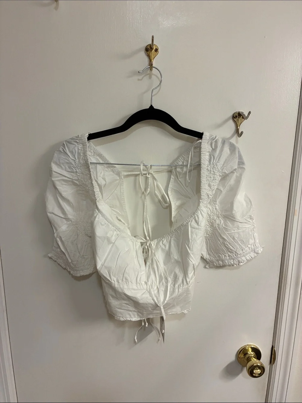 NWT-Zara White Puff Sleeve Tie-Front Crop Top-Sz L